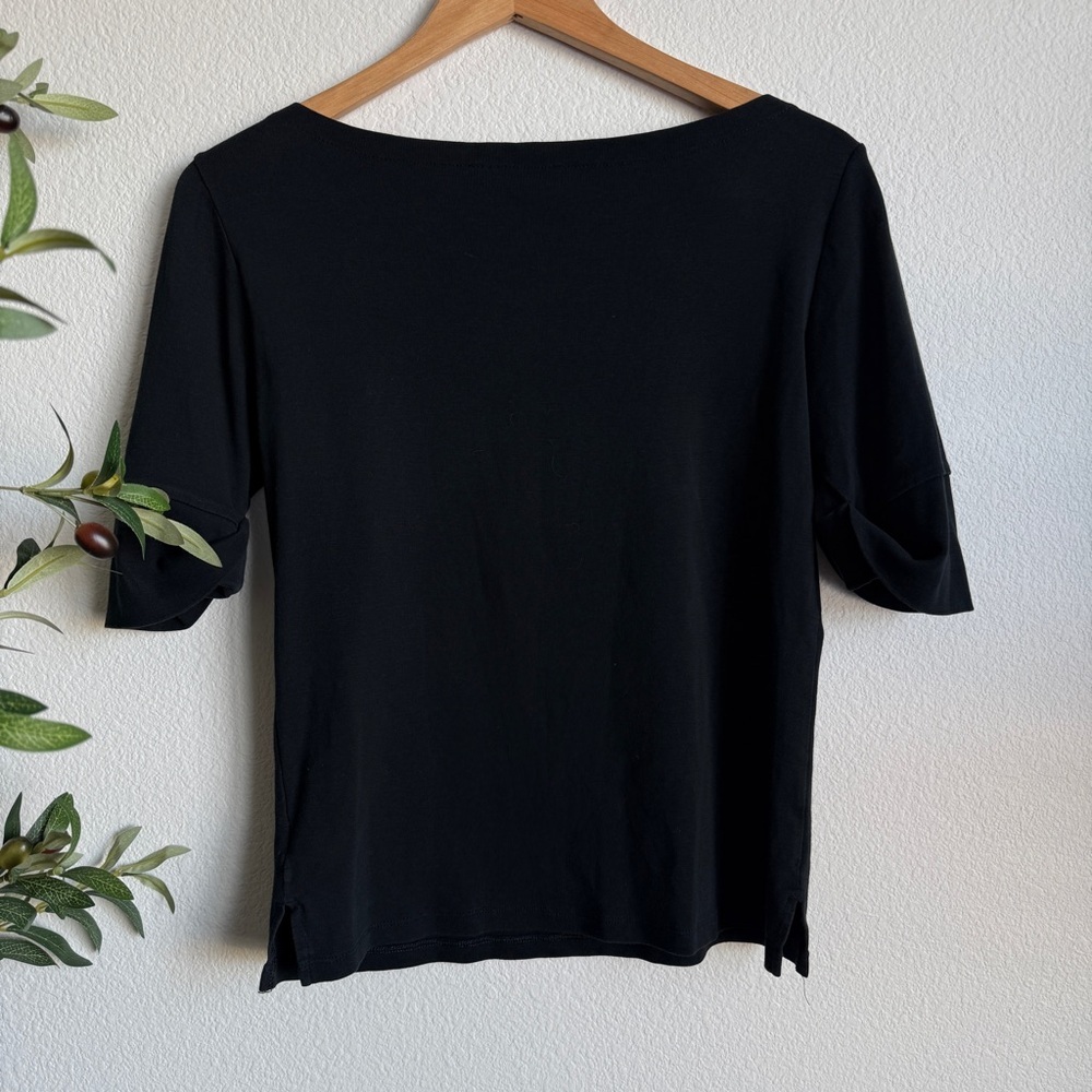 Lauren Ralph Black 100% Cotton Minimalist Zip Shoulder Top Women’s Size Small - Picture 3 of 4